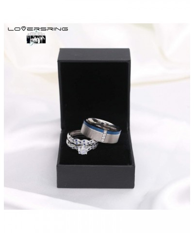 Couple Ring Bridal Set His Hers White Gold Plated CZ Stainless Steel Wedding Ring Band Set Blue women's size 7 & men's size 1...