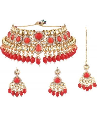 Indian Kundan Crystal Pearl Bollywood Traditional Wedding Choker Necklace Earrings Jewelry Sets for Women Style 4 (Red) $16.6...