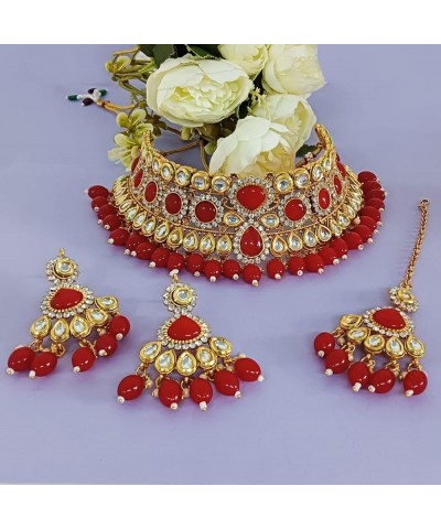 Indian Kundan Crystal Pearl Bollywood Traditional Wedding Choker Necklace Earrings Jewelry Sets for Women Style 4 (Red) $16.6...