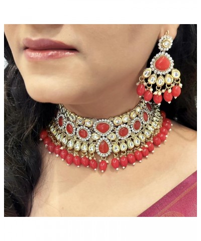 Indian Kundan Crystal Pearl Bollywood Traditional Wedding Choker Necklace Earrings Jewelry Sets for Women Style 4 (Red) $16.6...