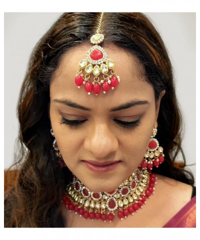 Indian Kundan Crystal Pearl Bollywood Traditional Wedding Choker Necklace Earrings Jewelry Sets for Women Style 4 (Red) $16.6...