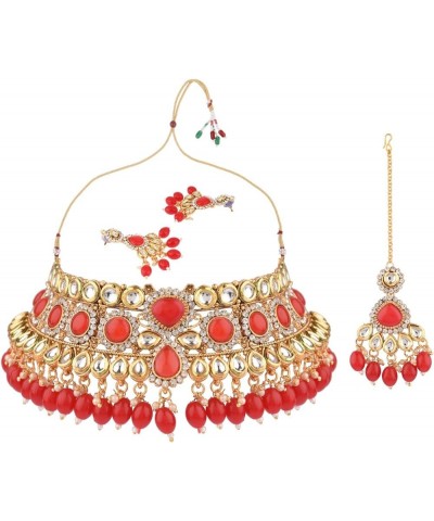 Indian Kundan Crystal Pearl Bollywood Traditional Wedding Choker Necklace Earrings Jewelry Sets for Women Style 4 (Red) $16.6...