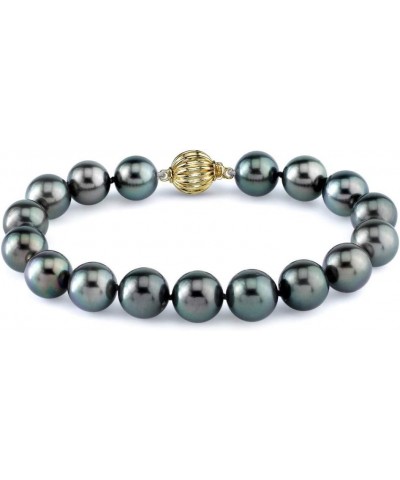 14K Gold 9-10mm AAAA Quality Round Black Tahitian South Sea Cultured Pearl Bracelet for Women 7.0 Inches Yellow Gold $481.28 ...