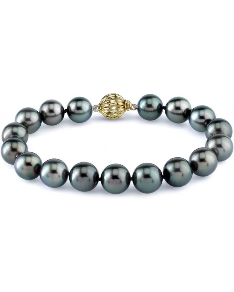 14K Gold 9-10mm AAAA Quality Round Black Tahitian South Sea Cultured Pearl Bracelet for Women 7.0 Inches Yellow Gold $481.28 ...