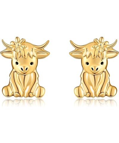 14k Solid Yellow Gold Simple Stud Earrings For Women, Christmas Dainty Jewelry Gifts For Girls Her Highland Cow Earrings $66....