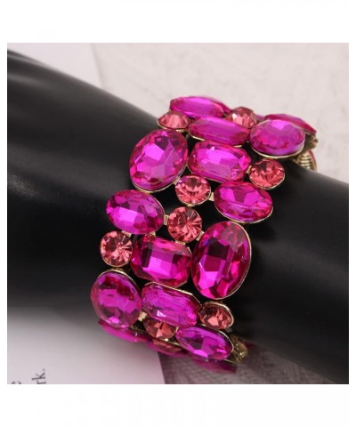 Women's Wedding Bridal Crystal Leaf Flower Stretch Bangle Elastic Wide Bracelet Jewelry for Brides Bridesmaid Rose Red-Gold P...