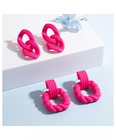 Summer Earrings Rectangle&Link 2 Pcs Earrings Set Geometric Statement Acrylic Twist Dangle Earrings Bright Pink $8.54 Earrings