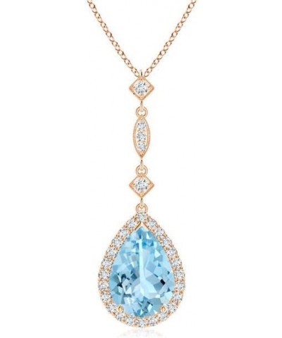 Natural Aquamarine Halo Solitaire Pendant Necklace for Women, Girls in 14K Solid Gold/Platinum | March Birthstone | Jewelry G...