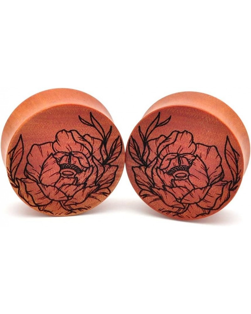 Pair of Laser Engraved Offset Floral Style 3 Wood Plugs (PW-335)(Saba Wood) 1-1/8" (28mm) $11.47 Body Jewelry