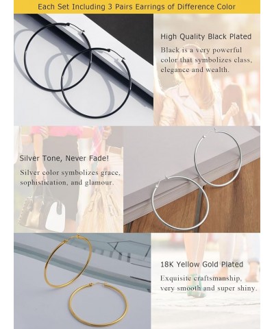 3 Pairs/Set Womens Stylish 2mm Thin Hoop Earrings Silver Gold Black Tone, Stainless Steel Earrings for Sensitive Ears Hypoall...