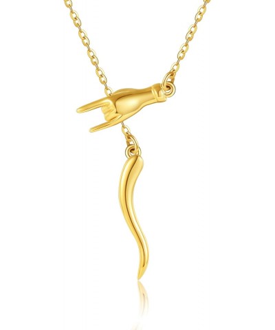 14k Gold Italian Horn Hand Necklace 14K Solid Yellow Gold Cornicello and Mano Cornuto Pendant Necklace Italian Horn Good Luck...