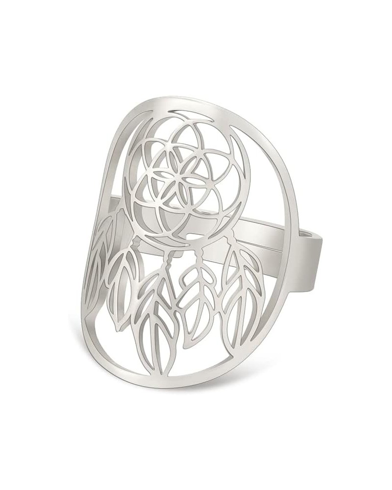 Stainless Steel Resizable Metatron Rings Adjustable Hollow Finger Rings Flower of Life Jewelry for Women Silver-Style L $8.15...