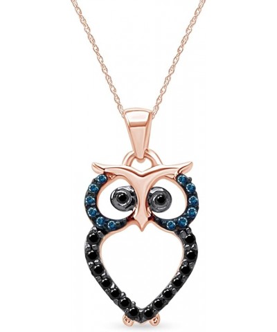 Round Cut Blue & Enhanced Black Natural Diamond Owl Pendant Necklace in 14K Gold Over Sterling Silver (0.12 Cttw) rose-gold-p...