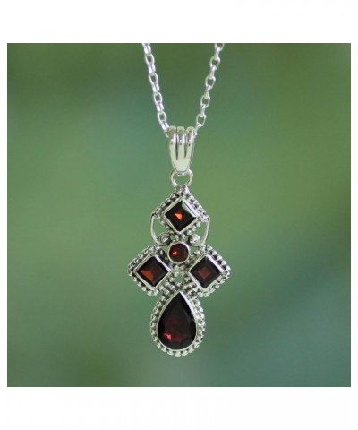 Handmade Garnet Pendant Necklace Crafted .925 Sterling Silver Red India Gemstone Birthstone 'Geometric Illusions in Crimson' ...