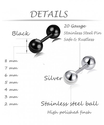 14 Pairs Stainless Steel Ball Stud Earrings Barbell Cartilage Tragus Helix Ear Piercing For Men Women 2-8mm Silver Black A:Ba...