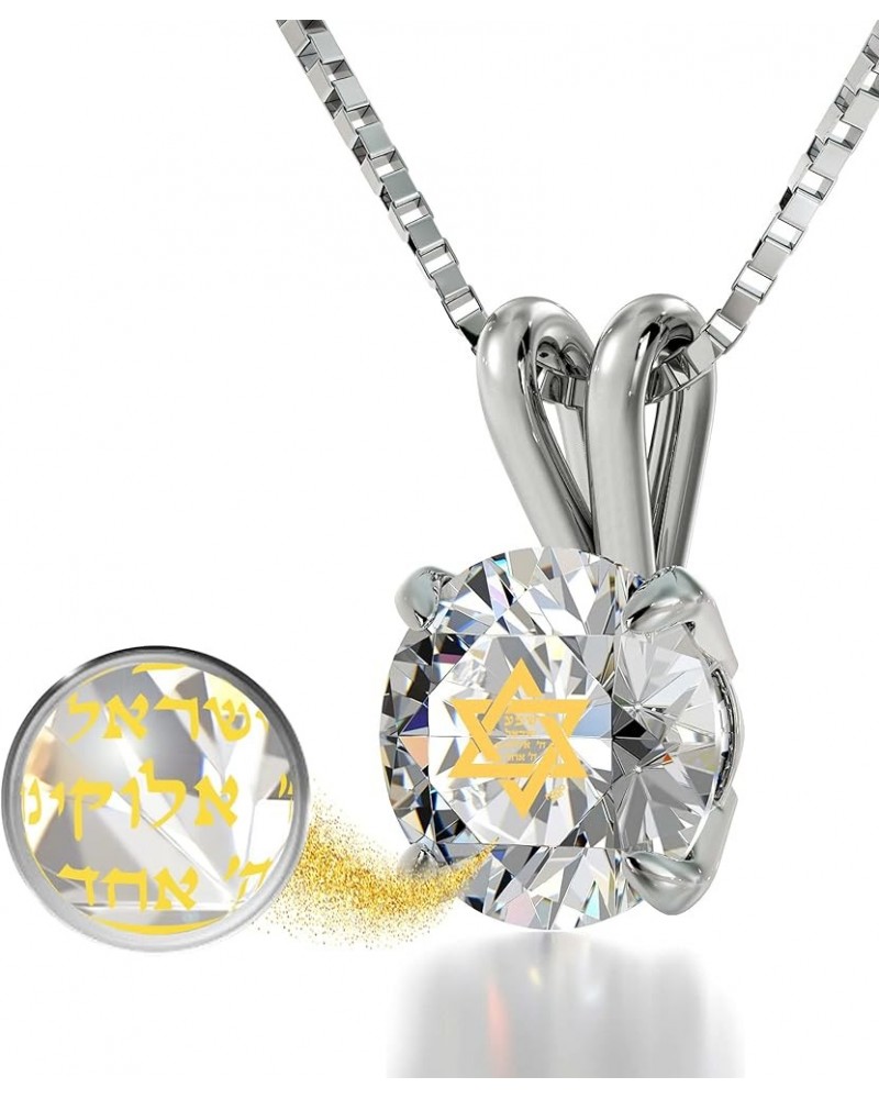 925 Sterling Silver Star of David Necklace Inscribed with Shema Yisrael in 24k Gold on Crystal, 18" Jewelry Clear White $57.6...