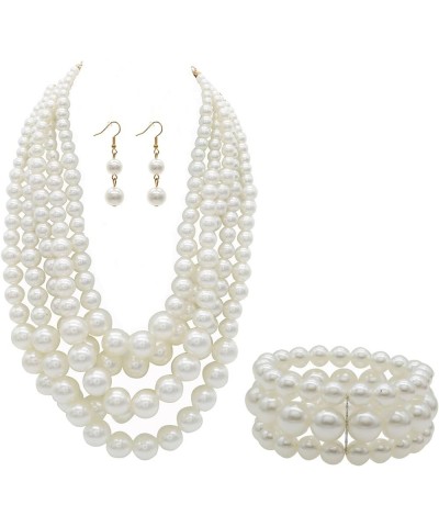 Colorful Faux Pearl Jewelry Set for Women Layered Chunky Necklace, Earrings, and Bracelet Fashion Costume Jewelry Set White $...