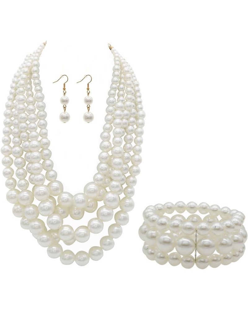 Colorful Faux Pearl Jewelry Set for Women Layered Chunky Necklace, Earrings, and Bracelet Fashion Costume Jewelry Set White $...