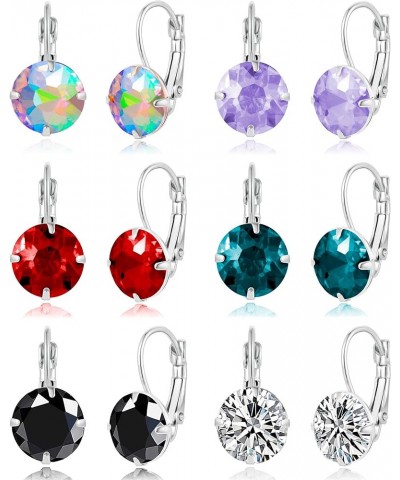 6 Pairs Leverback Dangle Earrings Set Stainless Steel Earring Multicolor Round Tear Drop Cubic Zirconia Drop Earrings For Wom...