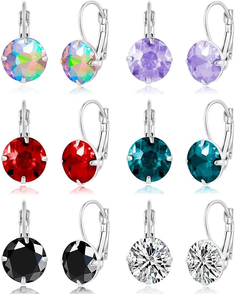 6 Pairs Leverback Dangle Earrings Set Stainless Steel Earring Multicolor Round Tear Drop Cubic Zirconia Drop Earrings For Wom...