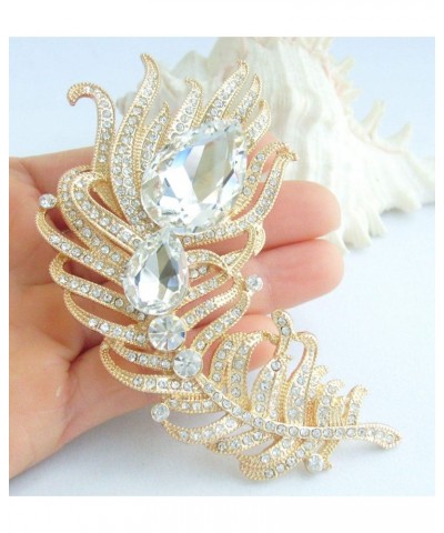 Zeepoffine 4.33" Rhinestone Crystal Peacock Feather Brooch Pin Pendant BZ5038 (Gold-Tone Clear) $12.85 Brooches & Pins