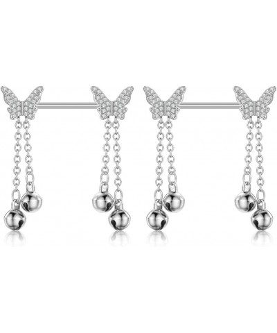 14G Butterfly Jingle Bell Nipple Rings for Women Girls Surgical Steel Cubic Zircon Dangle Chain Barbell Nipple Rings Nipple S...