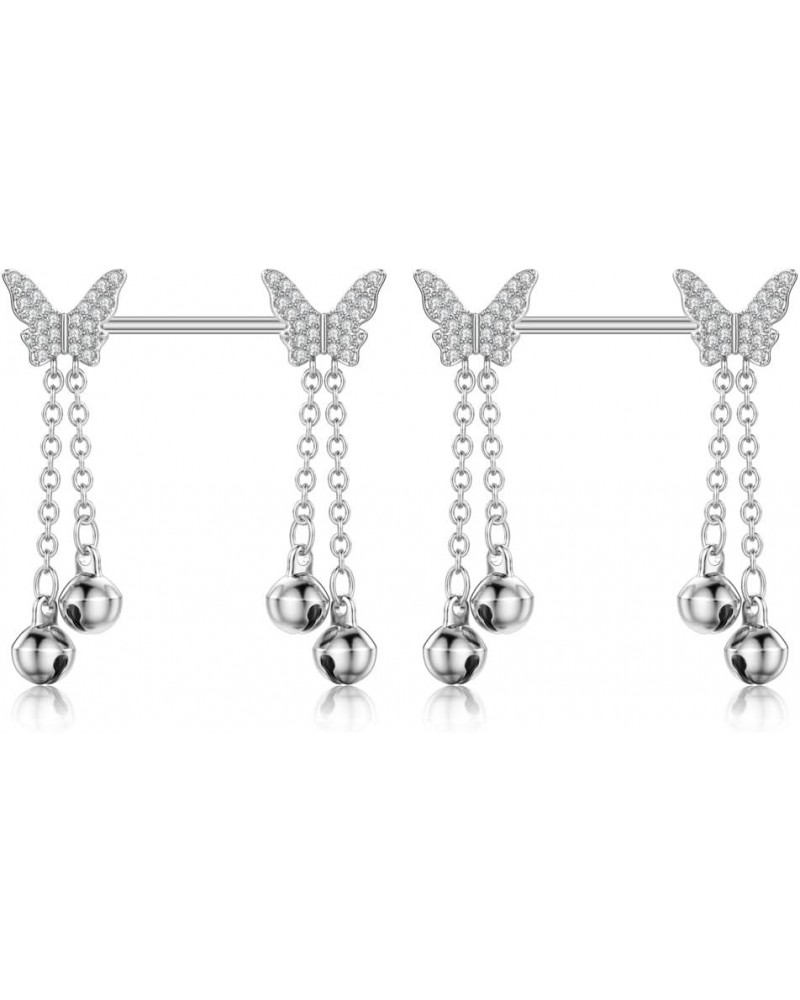 14G Butterfly Jingle Bell Nipple Rings for Women Girls Surgical Steel Cubic Zircon Dangle Chain Barbell Nipple Rings Nipple S...