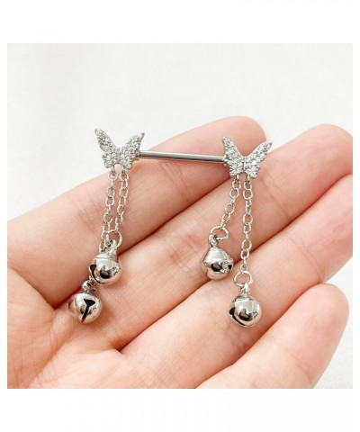 14G Butterfly Jingle Bell Nipple Rings for Women Girls Surgical Steel Cubic Zircon Dangle Chain Barbell Nipple Rings Nipple S...