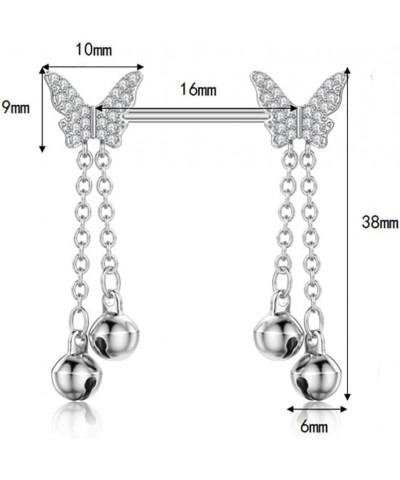 14G Butterfly Jingle Bell Nipple Rings for Women Girls Surgical Steel Cubic Zircon Dangle Chain Barbell Nipple Rings Nipple S...