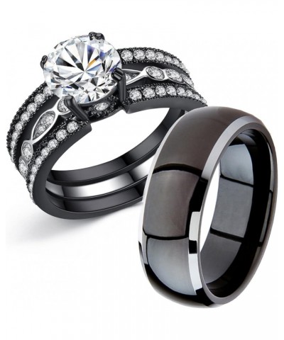 Couple Rings Black Men's Titanium Matching Band Women CZ Stainless Steel Engagement Wedding Sets Size Women 9 Men 10 $21.10 Sets