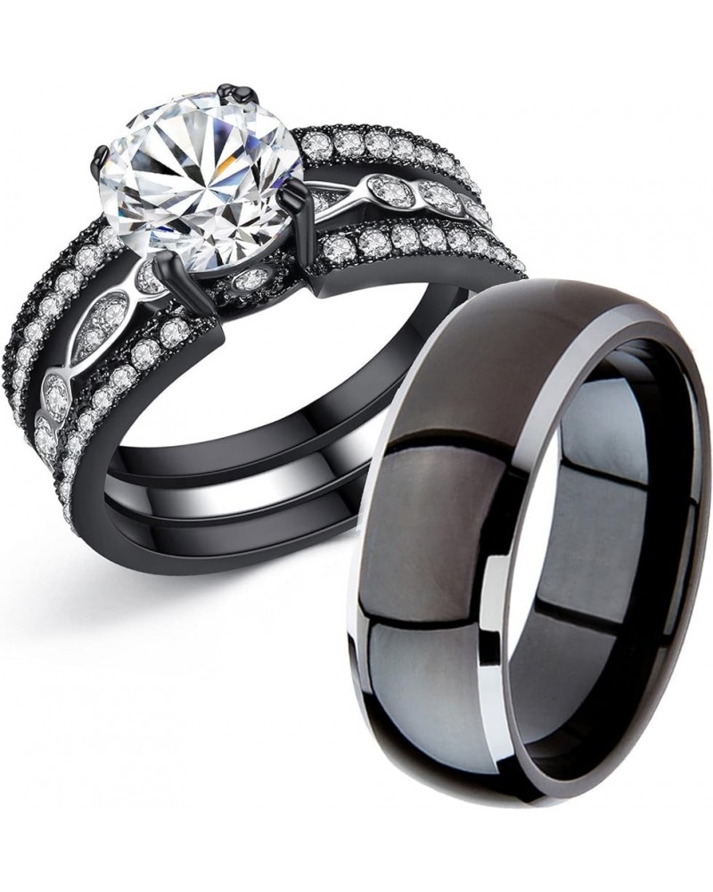 Couple Rings Black Men's Titanium Matching Band Women CZ Stainless Steel Engagement Wedding Sets Size Women 9 Men 10 $21.10 Sets