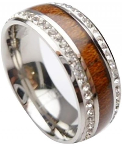 Natural Hawaii Koa Wood Stainless Steel with Cubic Zirconia CZ Crystal Edge Curved Top 8mm Wide Comfort Fit Wedding Band, Eng...