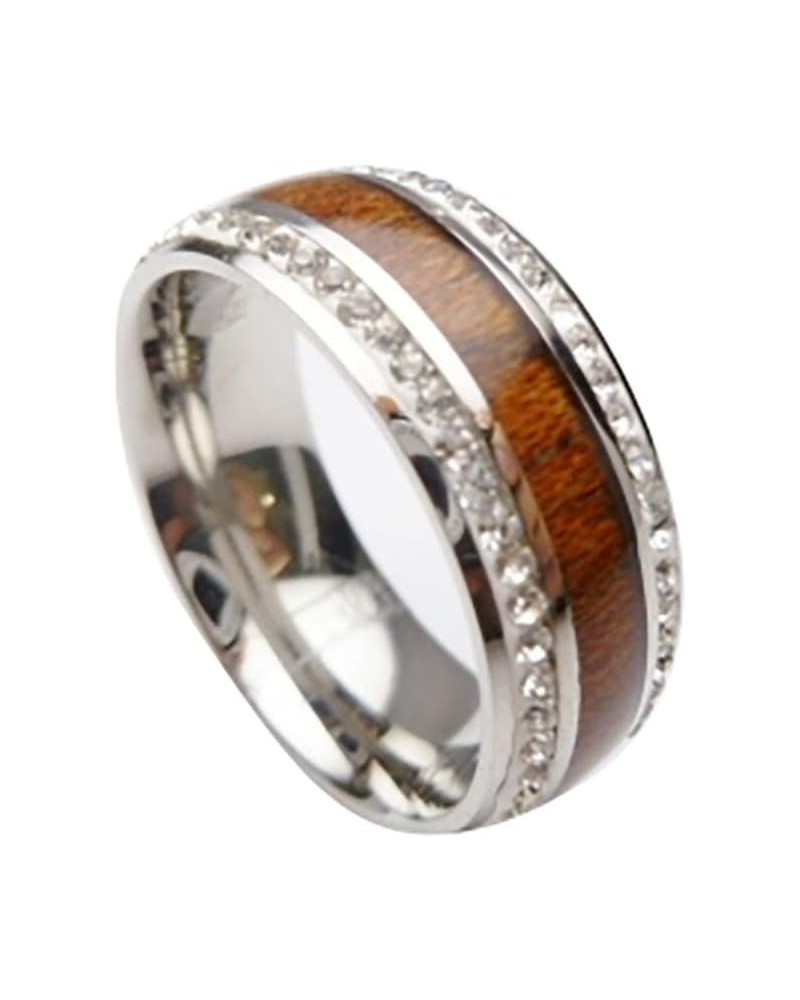 Natural Hawaii Koa Wood Stainless Steel with Cubic Zirconia CZ Crystal Edge Curved Top 8mm Wide Comfort Fit Wedding Band, Eng...