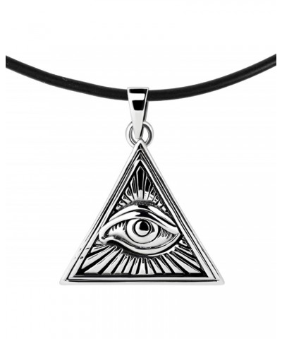 Unique and Stylish Eye of Providence or Illuminati Triangle Sterling Silver Pendant on a Black Rubber Cord Necklace for All S...