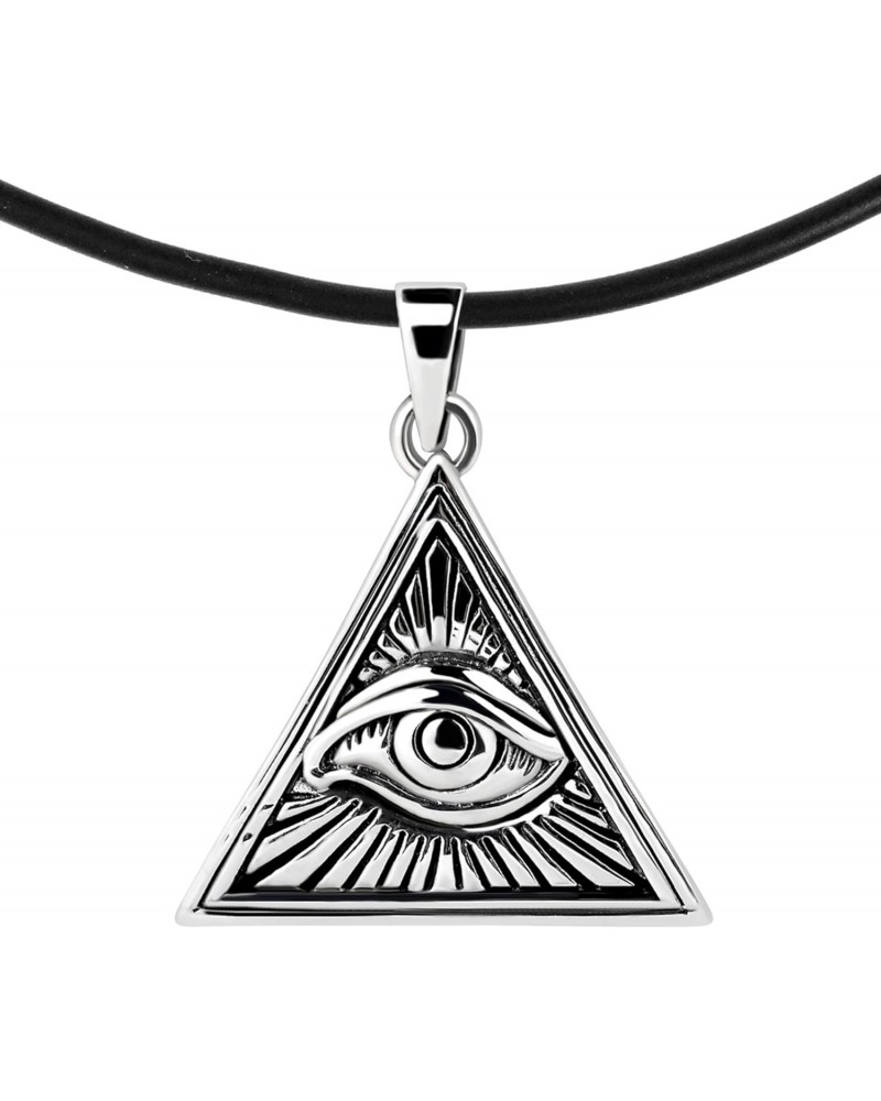 Unique and Stylish Eye of Providence or Illuminati Triangle Sterling Silver Pendant on a Black Rubber Cord Necklace for All S...