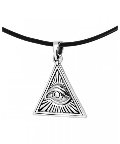 Unique and Stylish Eye of Providence or Illuminati Triangle Sterling Silver Pendant on a Black Rubber Cord Necklace for All S...