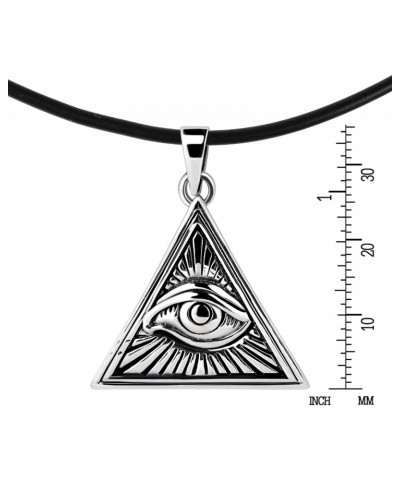 Unique and Stylish Eye of Providence or Illuminati Triangle Sterling Silver Pendant on a Black Rubber Cord Necklace for All S...