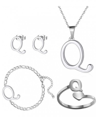 4 Pack Stainless Steel Initial Jewelry Sets for Women Silver Rings Bracelet Earrings Pendant Necklace Uppercase Choker Chain ...