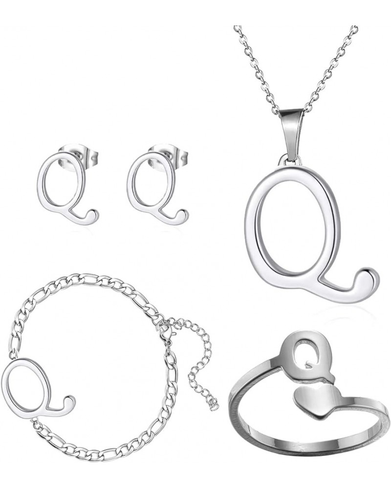 4 Pack Stainless Steel Initial Jewelry Sets for Women Silver Rings Bracelet Earrings Pendant Necklace Uppercase Choker Chain ...