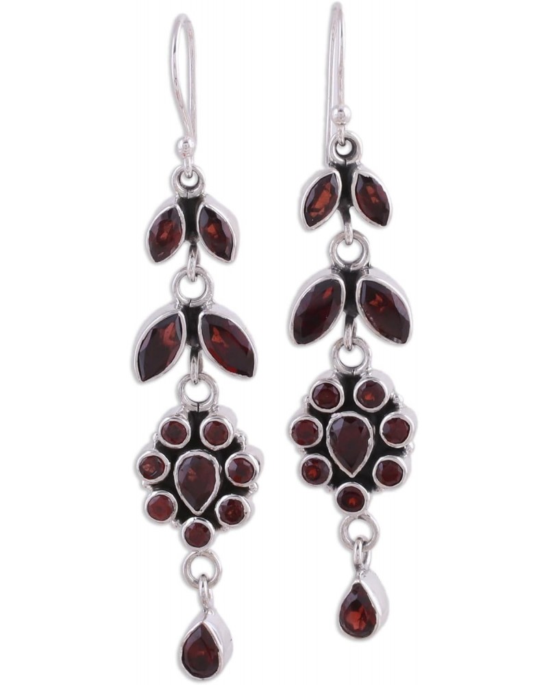 Handmade Garnet Flower Earrings Floral .925 Sterling Silver Red Dangle India Marsala Leaf Tree Birthstone [2.6 in L x 0.6 in ...