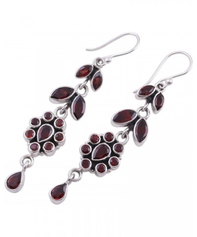 Handmade Garnet Flower Earrings Floral .925 Sterling Silver Red Dangle India Marsala Leaf Tree Birthstone [2.6 in L x 0.6 in ...