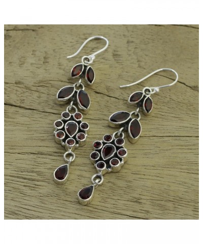 Handmade Garnet Flower Earrings Floral .925 Sterling Silver Red Dangle India Marsala Leaf Tree Birthstone [2.6 in L x 0.6 in ...