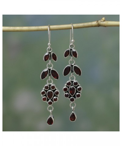 Handmade Garnet Flower Earrings Floral .925 Sterling Silver Red Dangle India Marsala Leaf Tree Birthstone [2.6 in L x 0.6 in ...