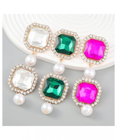 Hot Pink/Emerald Green/Gold/Silver Statement Earrings for Women Square Rhinestone Earrings with Pearl Dangle Drop Earrings Pa...