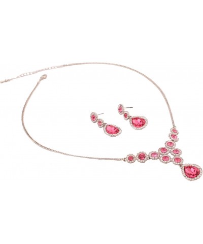 Fuchsia Color Small Circle Stone Teardrop Necklace Dangle Crystal Earrings Jewelry Set for Women $9.00 Jewelry Sets