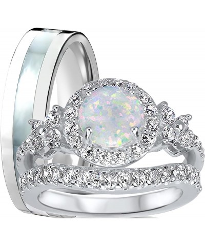 His Hers Wedding Set White Opal Bridal Engagement Ring Set Matching Titanium Sterling Silver Bands His 13 - Her 10 $51.29 Sets