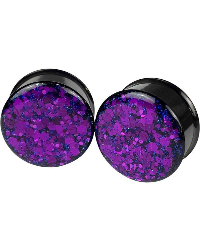 Pair of Black Steel Double Flare Plugs with Purple Chunky Glitter (MTO-041) 1-7/8" (47mm) $12.82 Body Jewelry