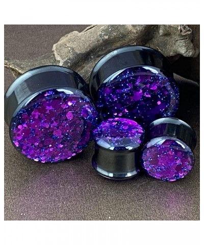 Pair of Black Steel Double Flare Plugs with Purple Chunky Glitter (MTO-041) 1-7/8" (47mm) $12.82 Body Jewelry