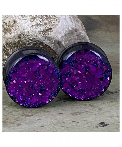 Pair of Black Steel Double Flare Plugs with Purple Chunky Glitter (MTO-041) 1-7/8" (47mm) $12.82 Body Jewelry