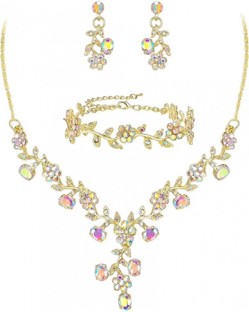 Flower Leaf Necklace Earrings Set Austrian Crystal Necklace+Earrings+Bracelet_Iridescent Clear AB Gold-Tone $13.91 Jewelry Sets